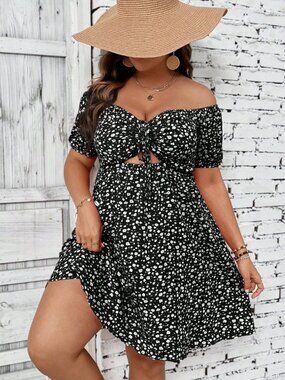 Black Floral Off-Shoulder Tie-Front Cutout Dress